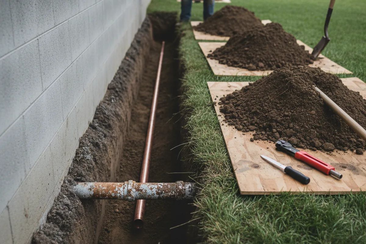 Excavated water line trench during Water Softener Installation in Stone Park